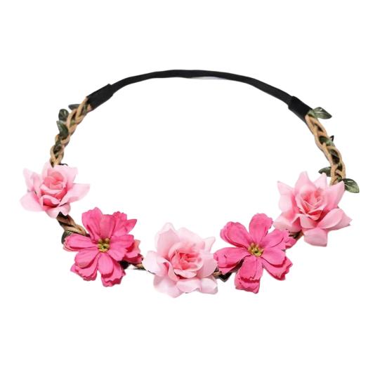 Bridal Flower Crown Boho Artificial Flower Crown Elastic Strap Hair Wreath Holiday Wedding темно-розовый