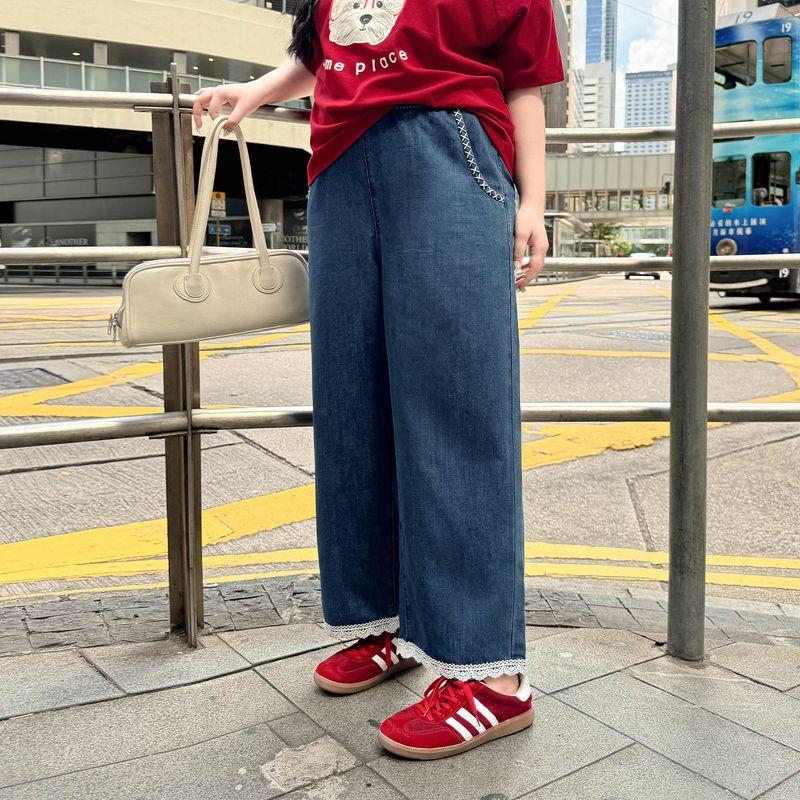 

Женская одежда больших размеров [Джинсы в гонконгском стиле] Летнее кружево, вышивка, прикрытие полных ног, прямые капри, широкие брюки Blue 9xl([Recommended 137.50 kg-150.00 kg]])