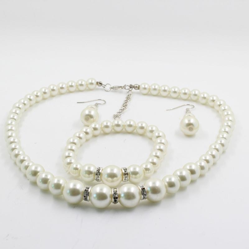 Fashion Pearl Beaded Chain Drop Earrings Women White Faux Pearl Necklace Bracelet Jewelry Set Gift for Sisters Friends