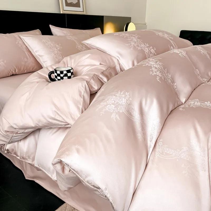 Light Luxury Satin Jacquard Solid Fitted Sheet Sets Pure Cotton Skin-Friendly Soft Quilt Cover 1.5/1.8M Bed Bedding for Adults