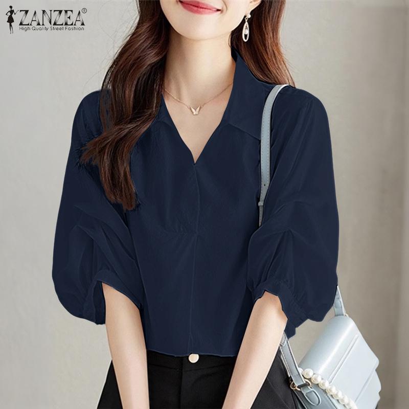 ZANZEA Women Turn Down Collar Loose Casual Half Sleeve Plain Blouse