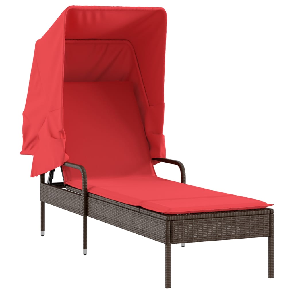 Brown Sun Lounger with Sun Canopy Poly Rattan