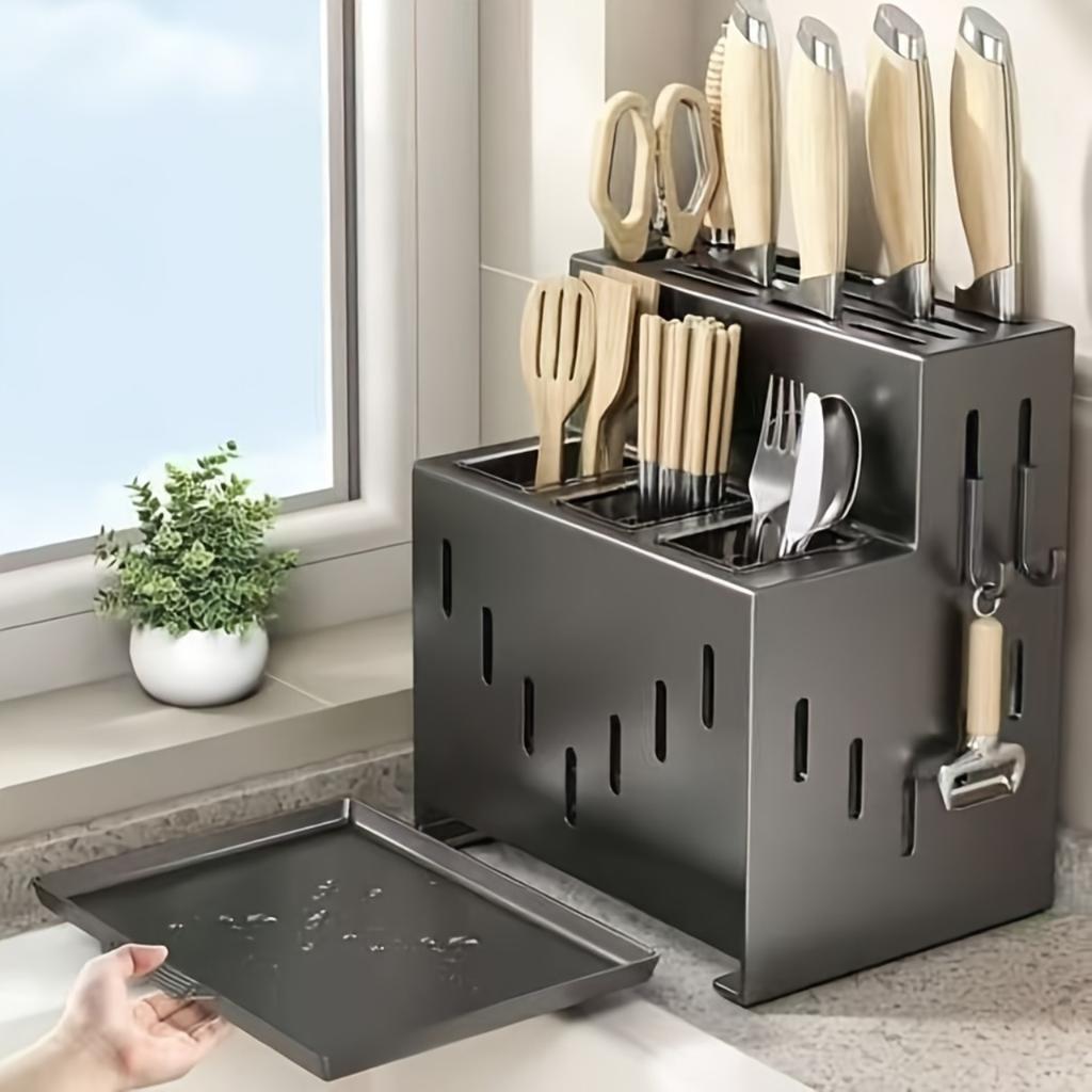 Multifunctional Wall Knife Rack: Dry-Wet Separation,Stylish Drainage.Stores Knives, Spoons,Chopsticks. Essential Modern Kitchen.