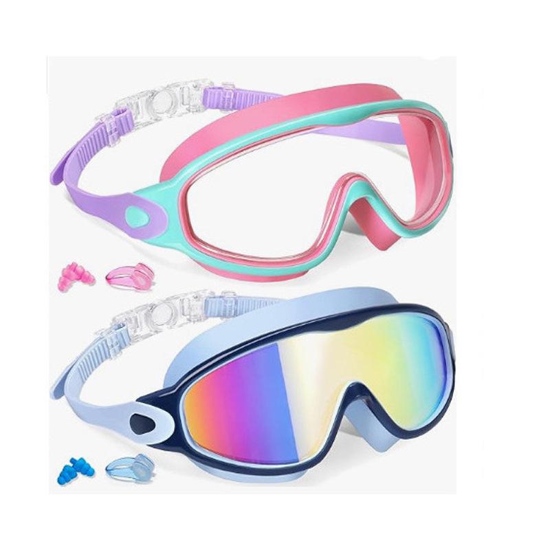 Large Frame Plated Waterproof Anti-Fog Swimming Goggles with One-Piece Earplugs for Men and Women