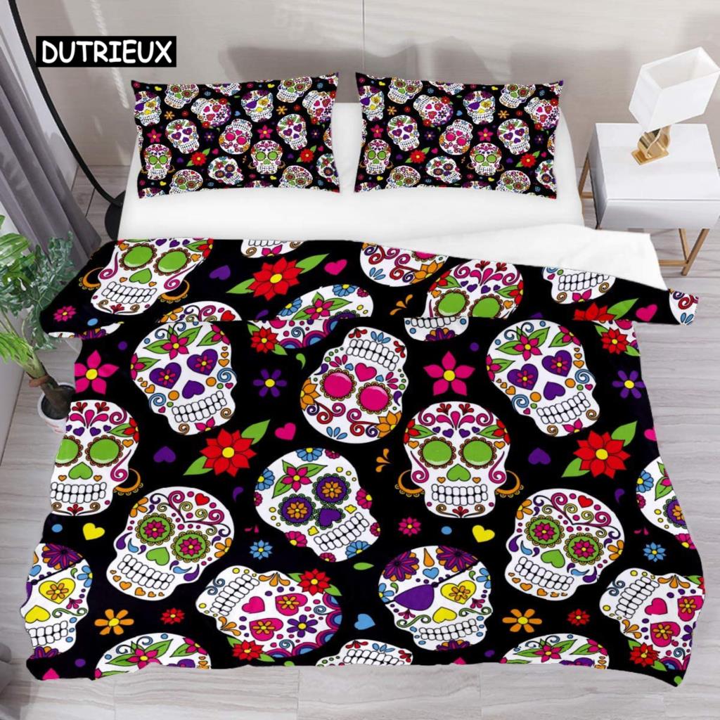 Sugar Skull Duvet Cover Set, Monochrome Skull with Roses Leaves and Diamond Shape Folklore Festival Print,Decorative Bedding Set