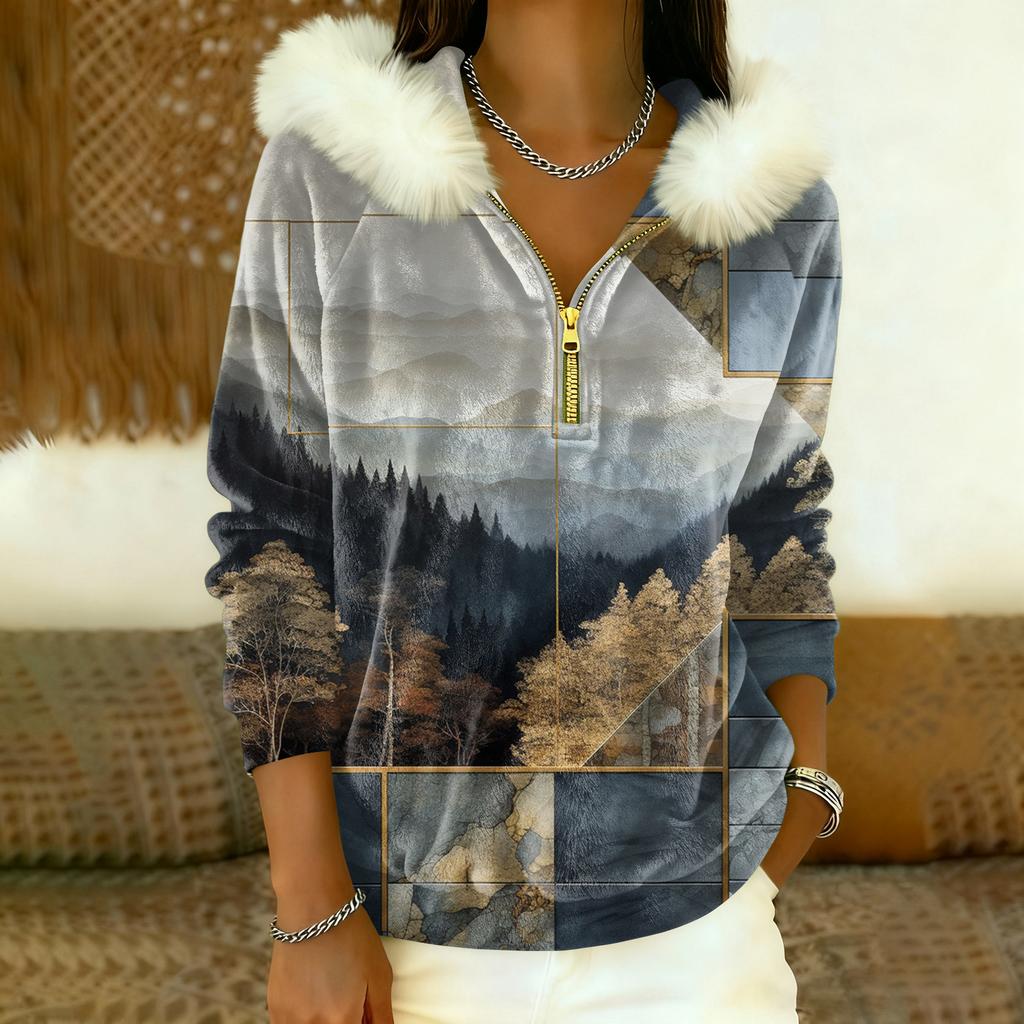 Women's Loose And Comfortable Casual Fashion Half-Zip Hooded Long Sleeve Conventional Printing Top