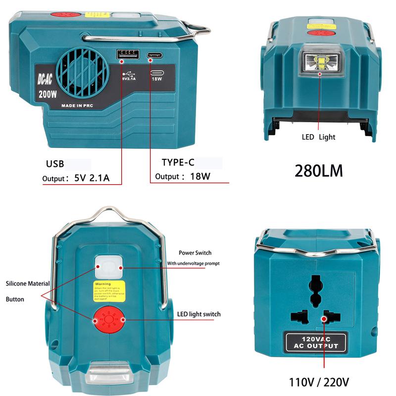 Power Inverter for Makita 18V Battery,DC 18V To AC 120V/220V Portable Power Station with USB,Type-C 280lm LED Light for Camping