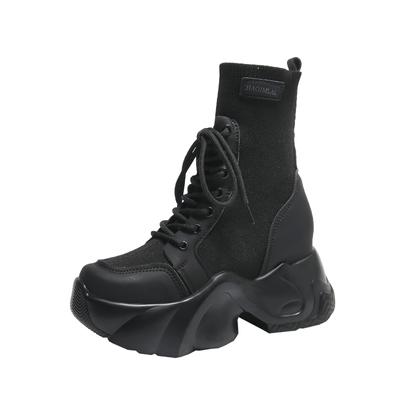 Fashion Knitting High Platform Ankle Boots Women Autumn Thick Bottom Short Sock Boots Non-slip Motorcycle Chunky Shoes Booties Mujer 7CM