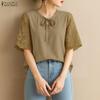 Women Casual Round Neck Lace Splice Short Sleeve Blouse
