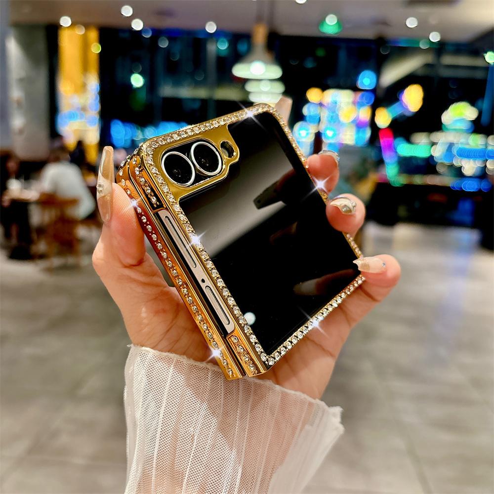 Luxus Strass Beschichtet Rahmen Litschi Leder Handyhülle Für SAMSUNG Z Flip 7 6 5 4 3 Fingerring Unifarbene Schutzhülle