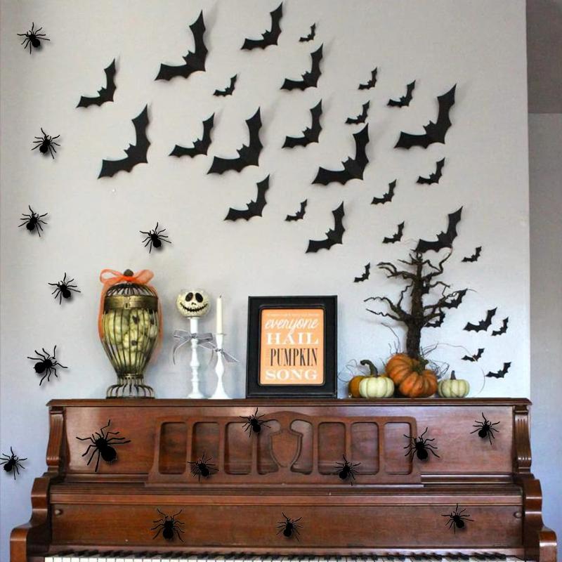 60Pcs 3D Waterproof Black Bats Spiders Wall Decor Halloween Decor PVC Black Bat Stickers Halloween Party Bats Windows Stickers
