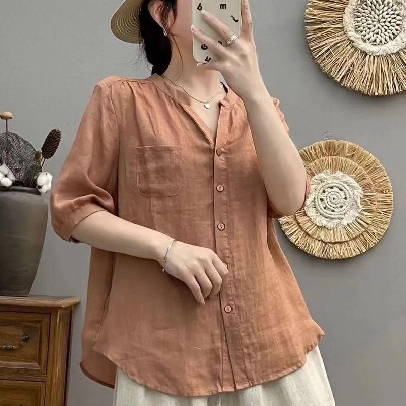 Damen Hellgraues Leinen Locker V-Ausschnitt Halbarm Knopfleiste Hemd