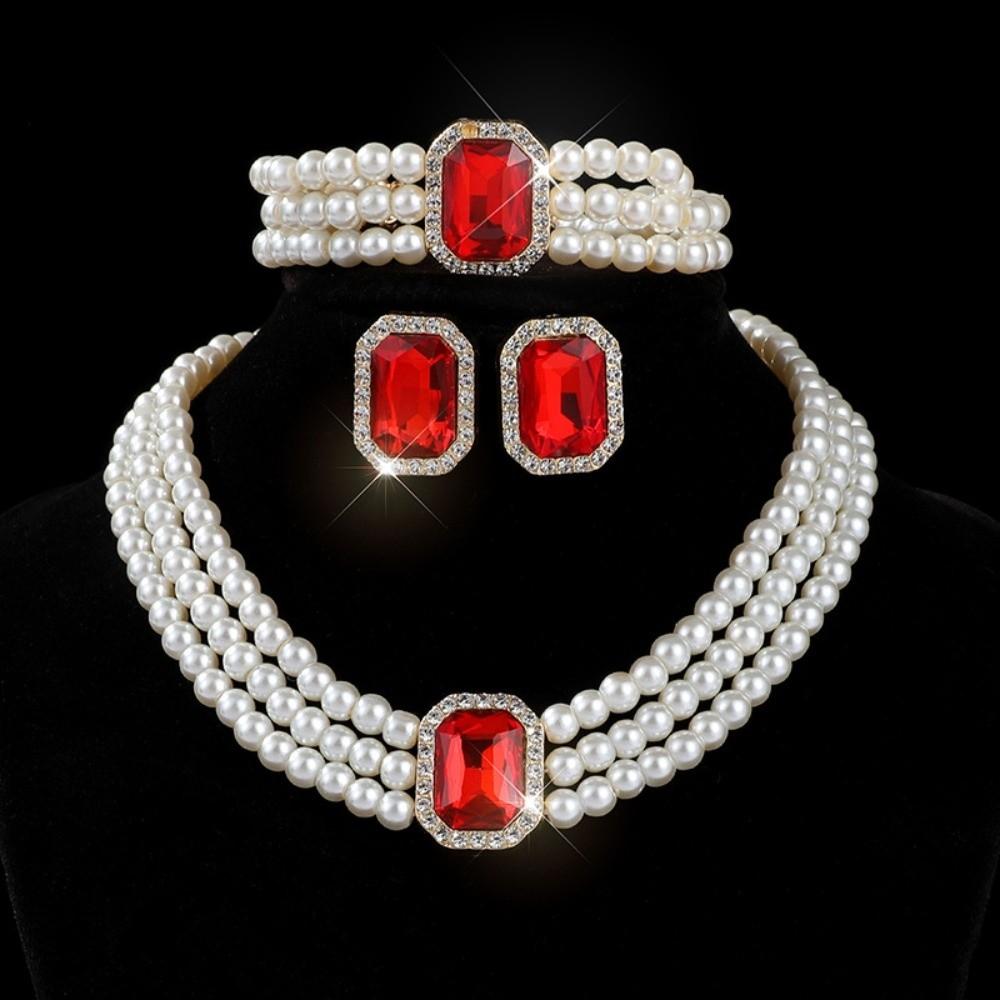 

Multi-layer Bead Earring Necklace Bracelet Set White Pearl Bridal Jewelry Sets Party червоний