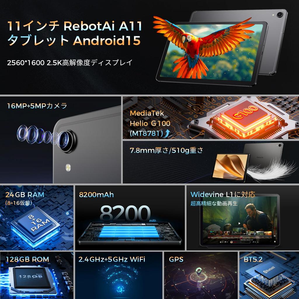 RebotAi Android 15 Tablet with the Latest Helio Display 24GB 128GB 1TB 5G 8200mAh PD20W Fast Widevine L1 Wireless Nanometal and Ideal for Mobile GMS
