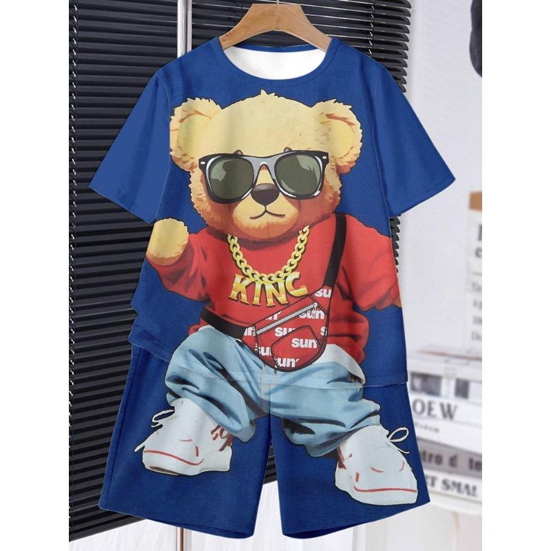 Anime Trend Bear Print Short Sleeve T-shirt Shorts 2 Summer Men's Fashion Street Short Sleeve Suit Heat Insulation Anti-wrinkle