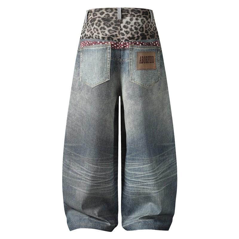 Pantalones Vaqueros Anchos de Algodón Lavado al Agua con Estampado de Leopardo Retro Unisex de Doble Cintura Corte Recto Tiro Medio