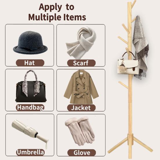 Wooden Freestanding Coat Rack Heavy Duty Adjustable Coat Tree Hallway Entrance Living Room Bedroom Hats Coats Scarves Handbags Hanger Stand