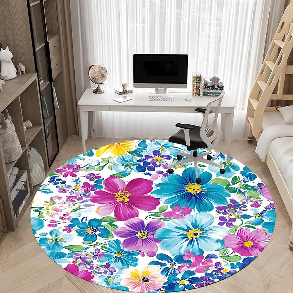 1PC Floral Pattern Office Round Area Rug, Mat Suitable For Office, Under Office Chairs Bedroom Living Room Home Decor, Room Deco