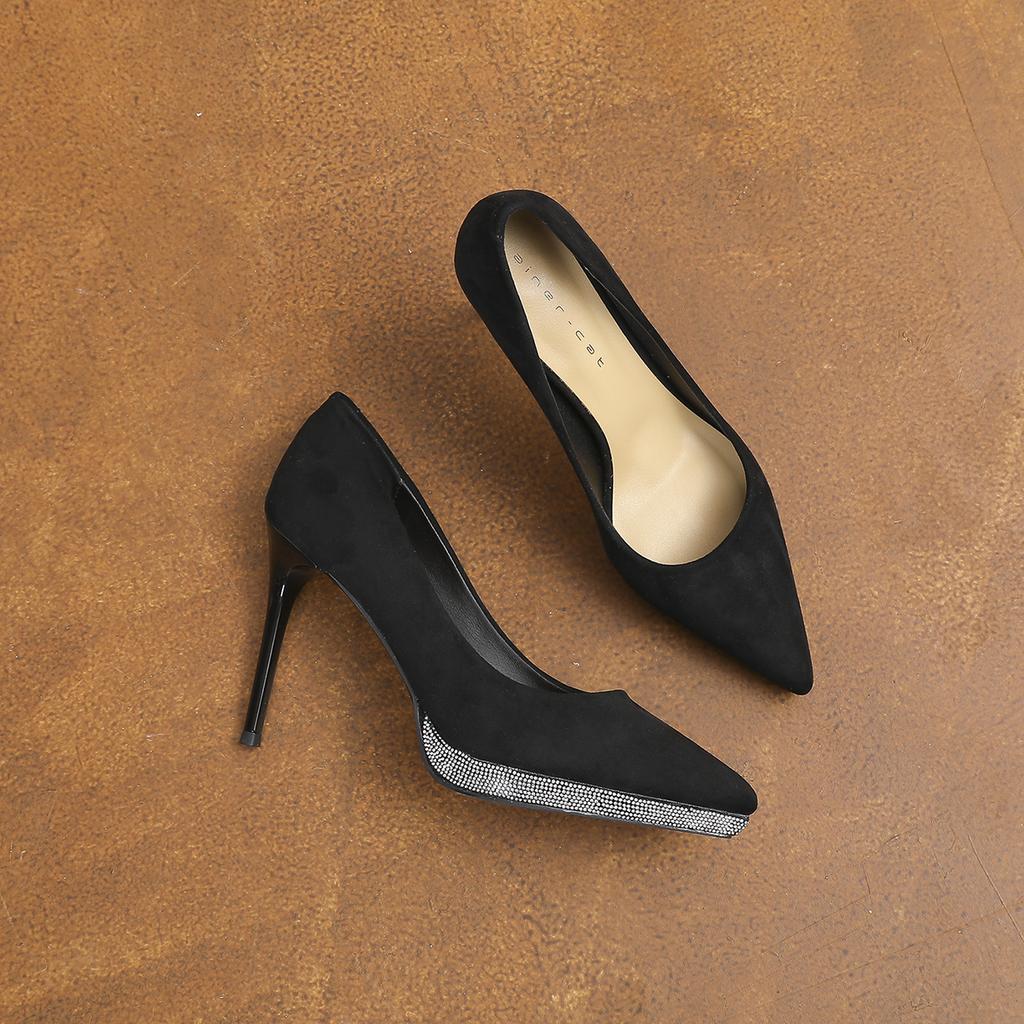 10527 [Schafsleder] High Heels Damen Dünne Absätze 2025 Neu Spitzkopf Temperament Wildleder Strass Wasserdichte Plateauschuhe