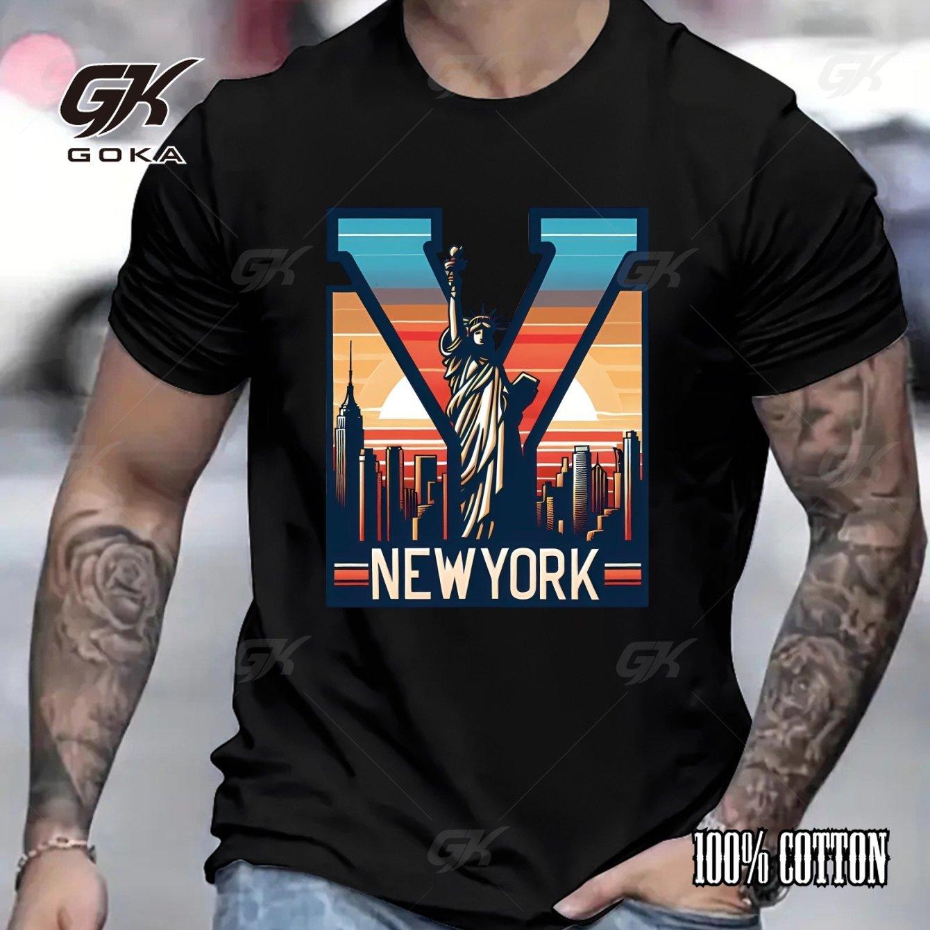 

Черная футболка с графикой Нью-Йорка Удобные повседневные топы с коротким рукавом с изображением Статуи Свободы и городского пейзажа в городском стиле 4XL