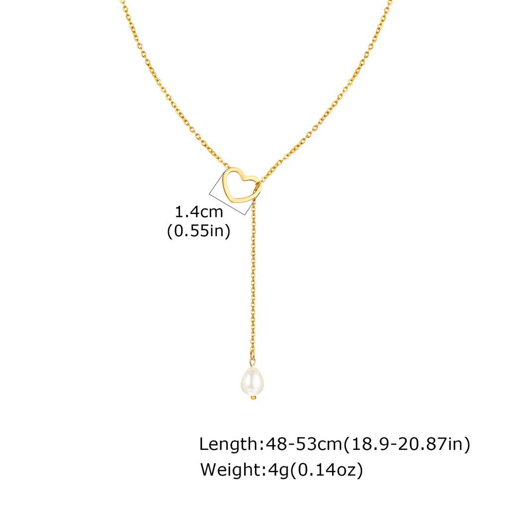 Stylish Personality Stainless Steel Heart Natural Baroque Freshwater Pearl Y-Shaped Gold Necklace Ladies 1974