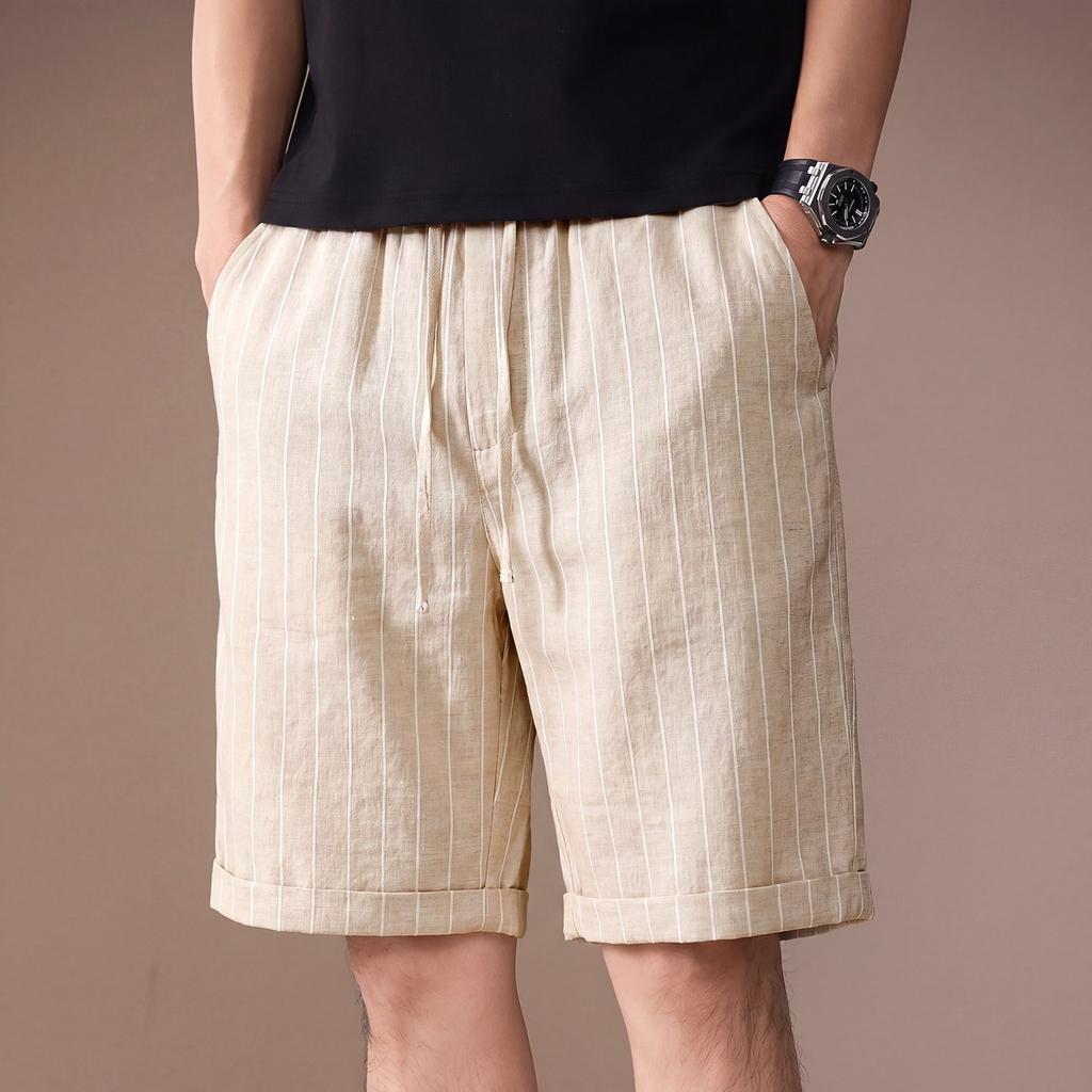 Hochwertige amerikanische Retro-Kontrastfarbe vertikale Streifen Leinen-Baumwollmischung lässige Shorts Herren Sommer dünn trendige Fünf-Punkt-Hose