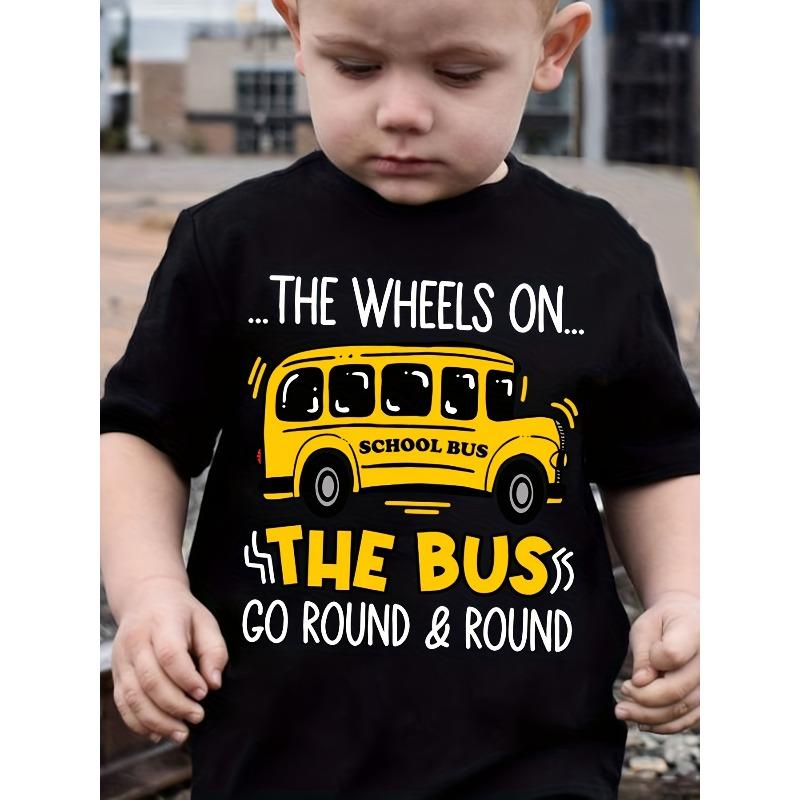 

European sizes Summer Fashion Boys Short-Sleeve T-Shirt THE WHEELS ON THE BUS GO ROUND School Bus Cartoon Print Casual Top 98cm чёрный