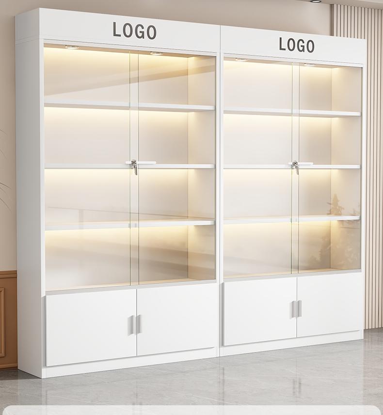 Solid Wood Glass Display Cabinet with Multi-Layer Shelves for Cosmetics and Books