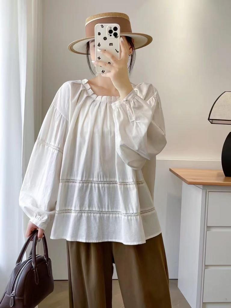 Johnature Dámský top s kulatým výstřihem Jarní výřezy Šití Volný Japonský Les Nařasené Dlouhý rukáv