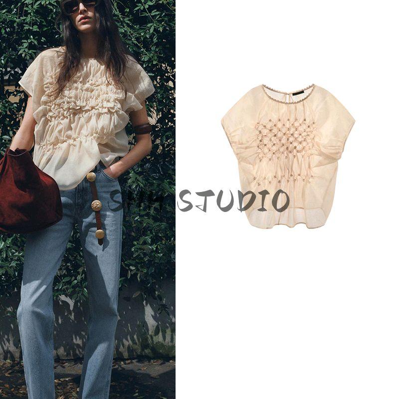 Spring and Summer New Women's Clothing Translucent Fabric round Neck Super Short Sleeve Convex Flower Embroider Tops 4786002