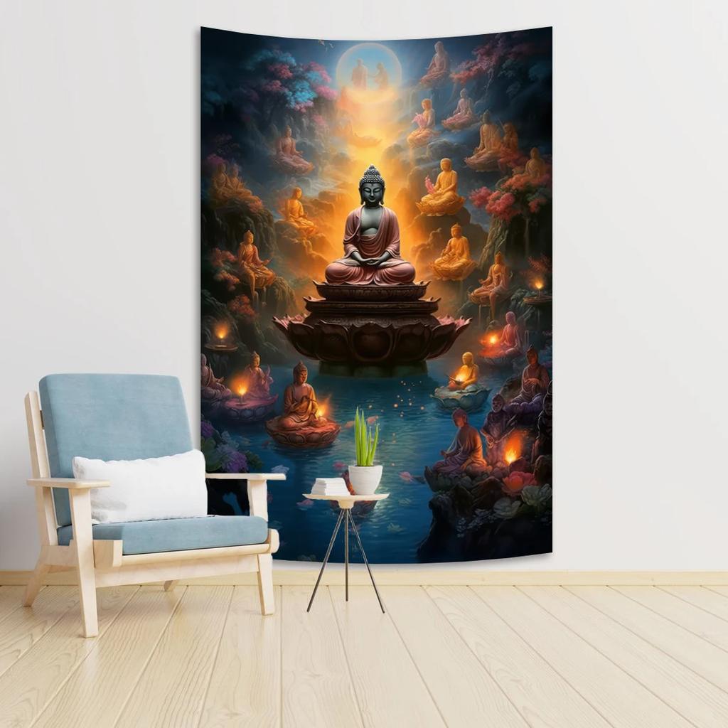 Zen Buddha Tapestry  Serene Meditation  Golden Clouds  Unique Wall Art for Yoga Room Home Decor  Spiritual Gift