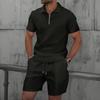 Men's Waffle Zipper Solid Color Short Sleeve Shorts Casual Suit