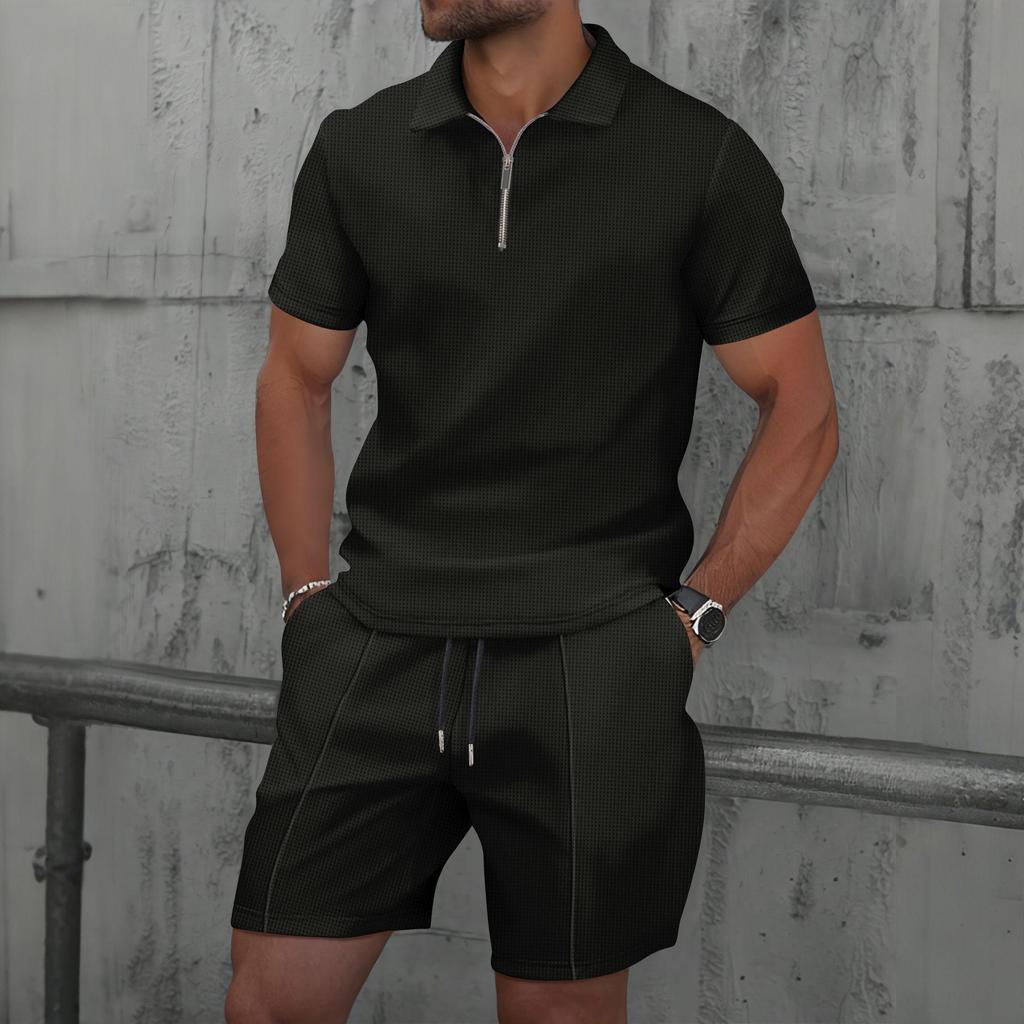 Men's Waffle Zipper Solid Color Short Sleeve Shorts Casual Suit