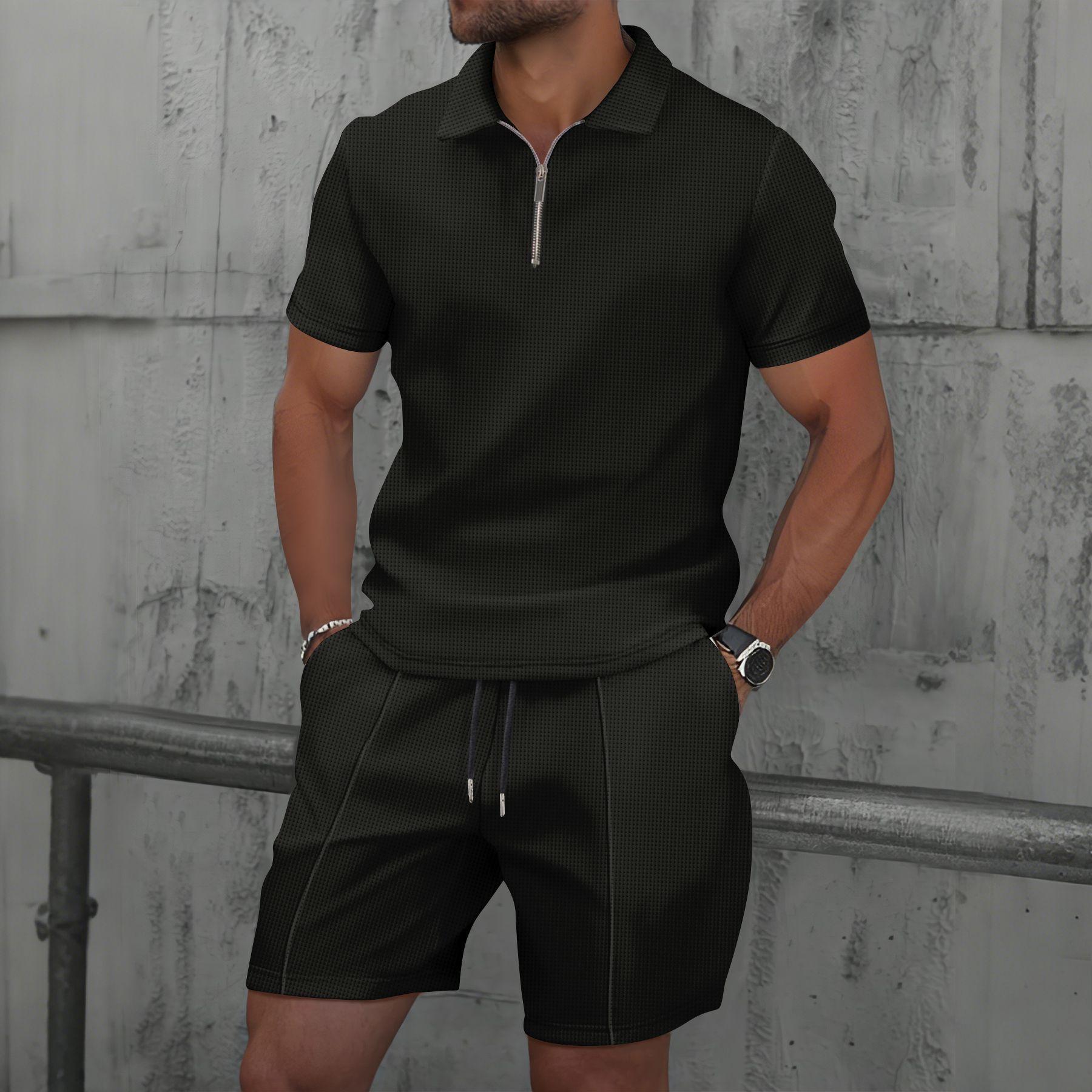 

Men s Waffle Zipper Solid Color Short Sleeve Shorts Casual Suit XXXL чорний