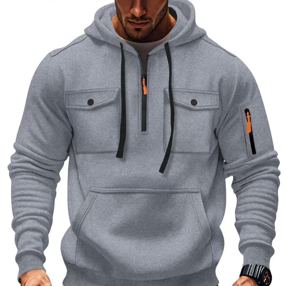 Men's hooded pocket zipper casual fleece hoodie solid color coat for autumn and winter