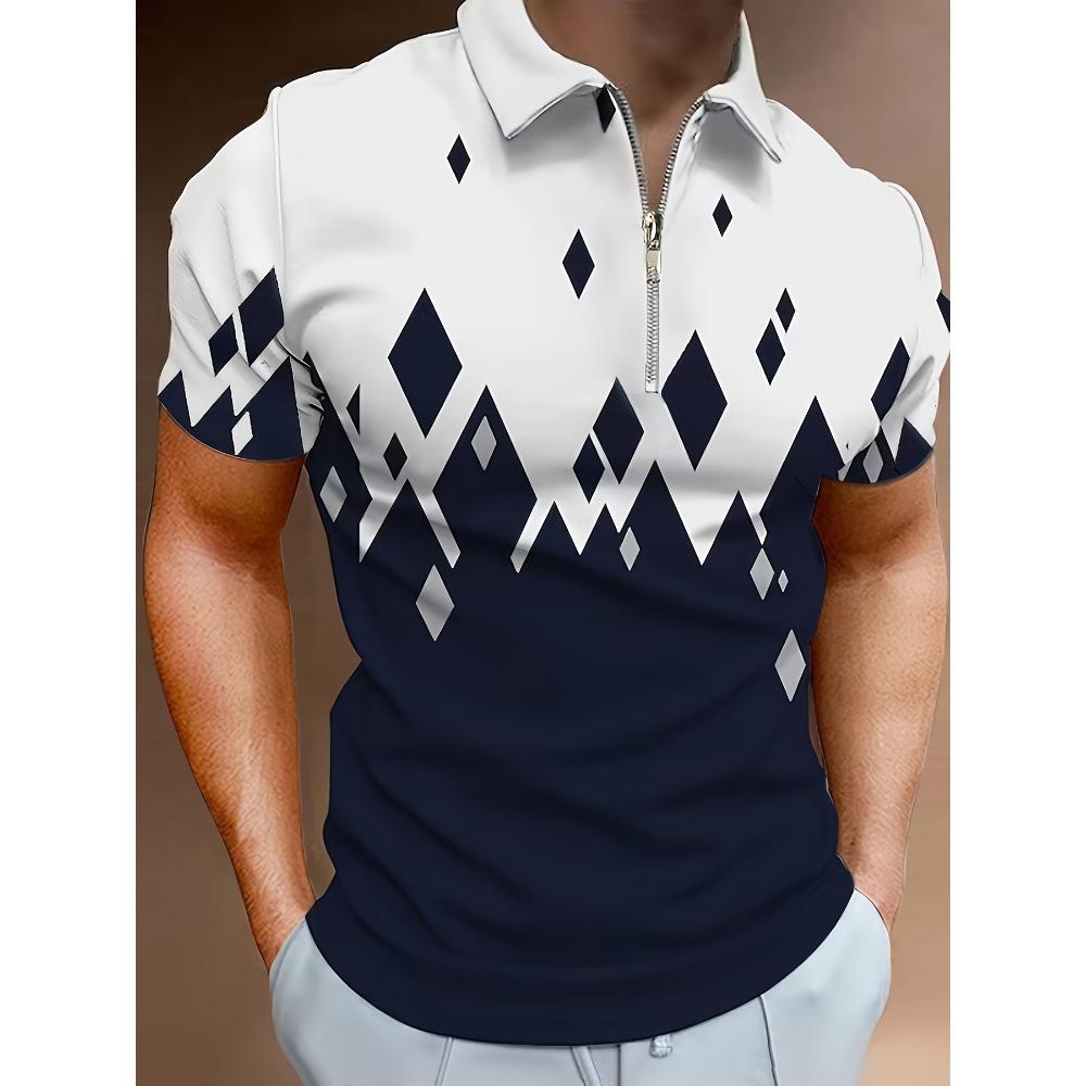 Summer New Men's Zipper Short Sleeved POLO Shirt with 3D Checkered Print