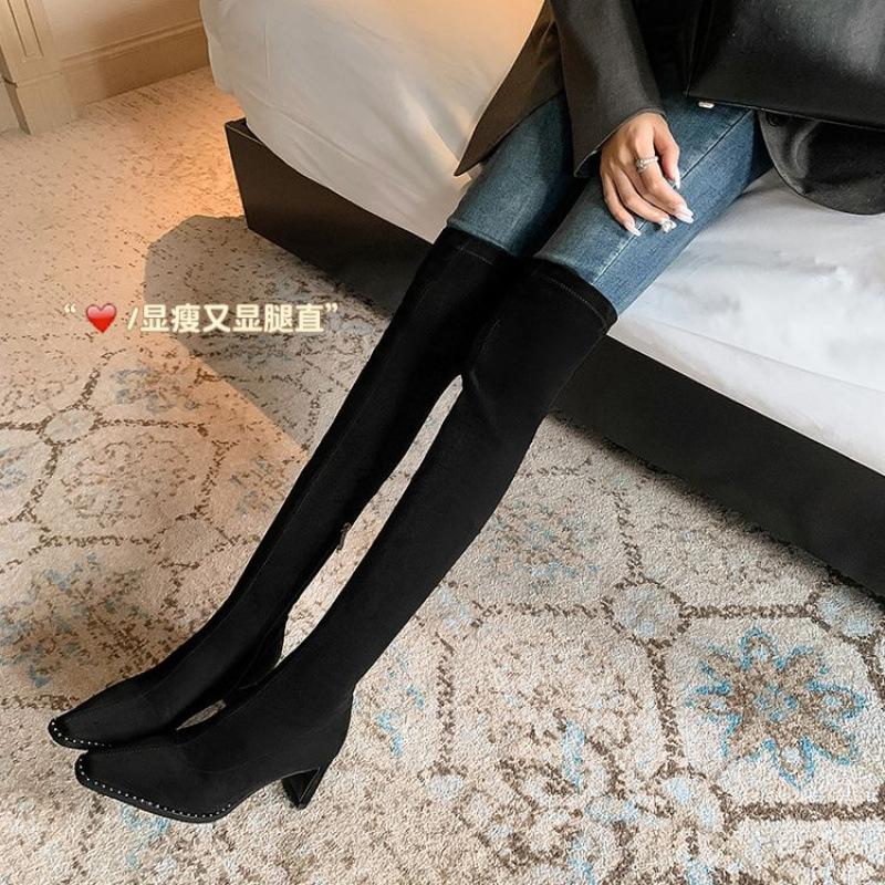 New women's knee boots European and American large size boots pointed high heel zipper thin heel knee elastic boots autumn and winter women's boots
