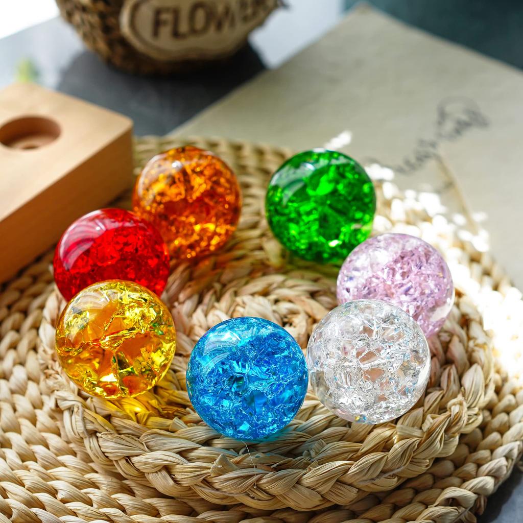 KRISININE 7-Color 40 Mm Crystal Cracked Glass Balls with LED Wooden Base (Home Décor Light for Meditation, Yoga, Relaxation)