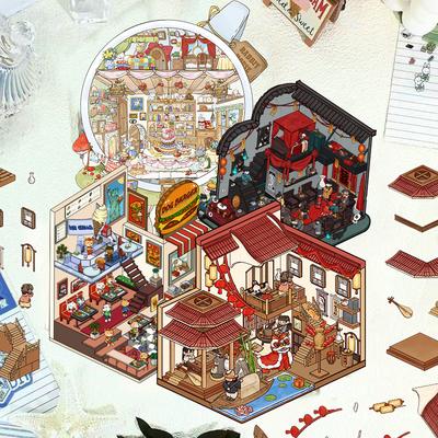 Cartoon Landscape Sticker Cute Miniature World 3D Three-dimensional House Unzipped DIY Scene Handbook Sticker