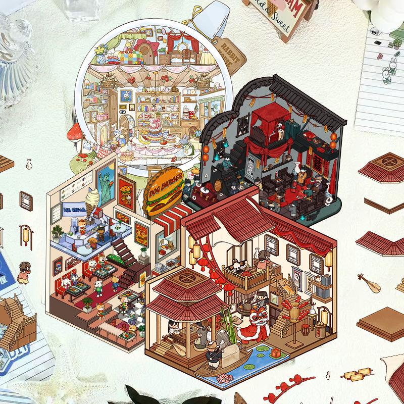 Cartoon Landscape Sticker Cute Miniature World 3D Three-dimensional House Unzipped DIY Scene Handbook Sticker