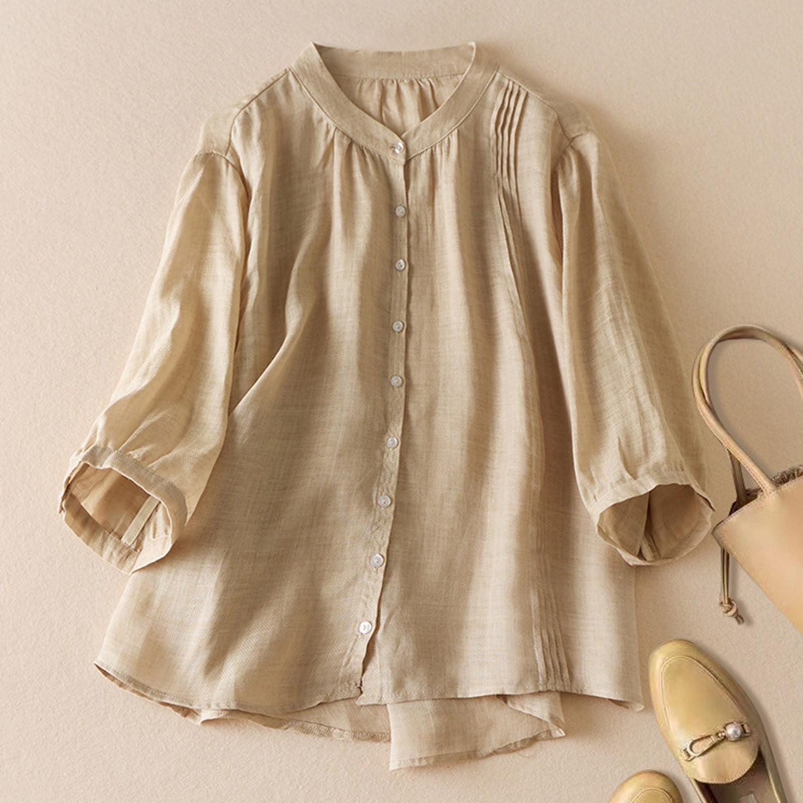 

Women s Solid Color Cotton Linen five quarter sleeved Retro Breathable T-Shirt Stand Up Collar Top L бежевий