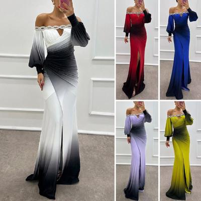 Lady Evening Dress Off Shoulder Hollow Out Rhinestone Wedding Dress Skinny Pleated Prom Maxi Dress Long Lantern Sleeves Slit Hem