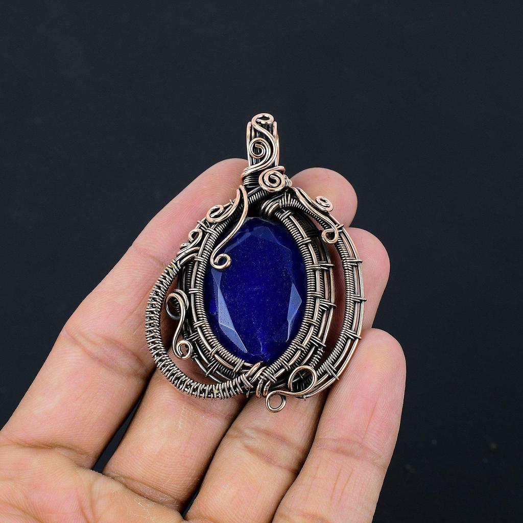 Blue Sapphire Pendant, Handmade Gemstone Pendant, 999 Copper Wire Wrapped Pendant Antique Jewelry, For Engagement Gift