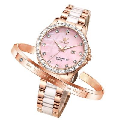 Women's Watch Shell Dial Ceramic Diamond Date Waterproof Luminous Fashionable Girl with Bracelet Pink Gold