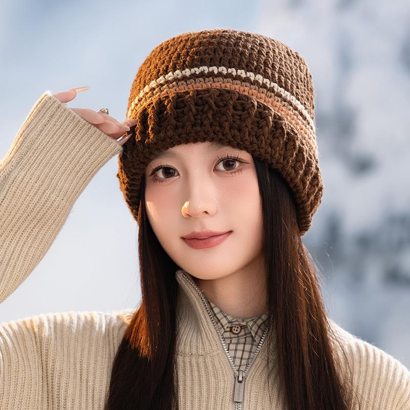 All-match Color Blocked Striped Wool Hat for Women In Autumn and Winter Outdoor Travel Windproof Ear Protection Hat Thickened Warm Pullover Hat
