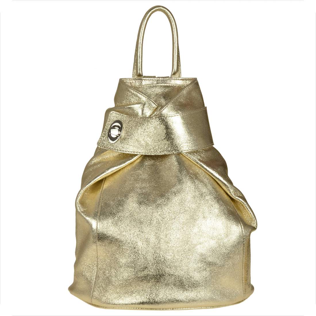Elegant women`s leather backpack in metallic
