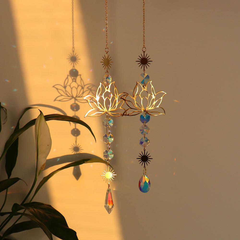Golden Lotus Crystal Suncatcher Pendant