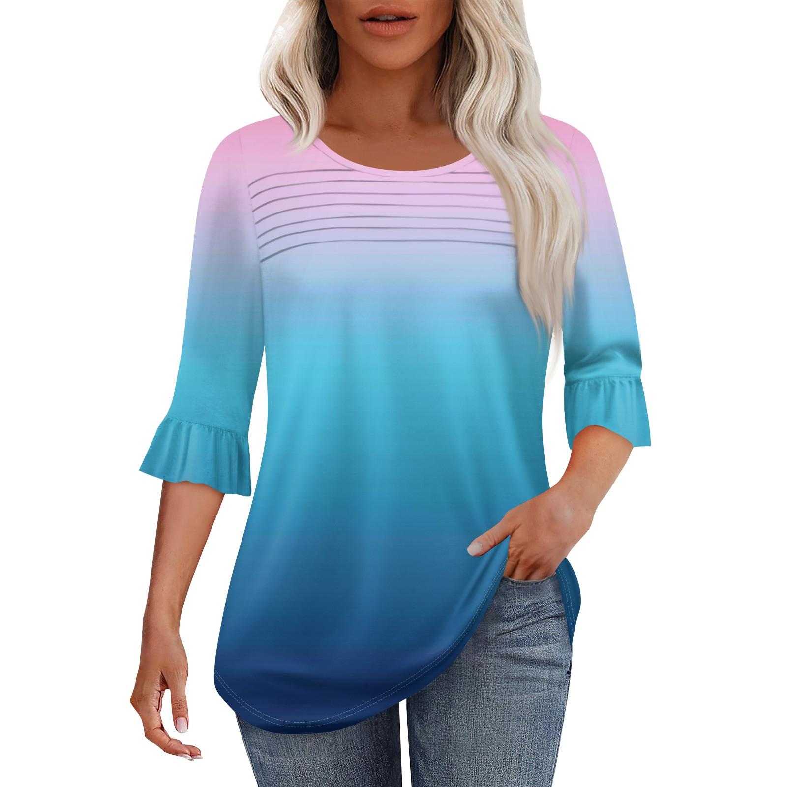 

Женская мода круглый вырез шея плиссированный спереди напечатанные точки расклешенный топ рукав 3/4 S