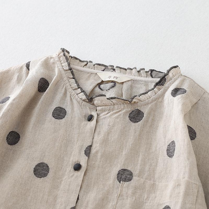 2025 Herbst neue Baumwolle und Leinen Retro pastoral gepunktetes Hemd Damen altmodischer Kragen langärmeliger Cardigan Top