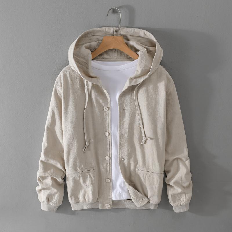 Linen Hooded Jacket for Men Casual Trend Spring Autumn Outerwear Blazer Top Clothes